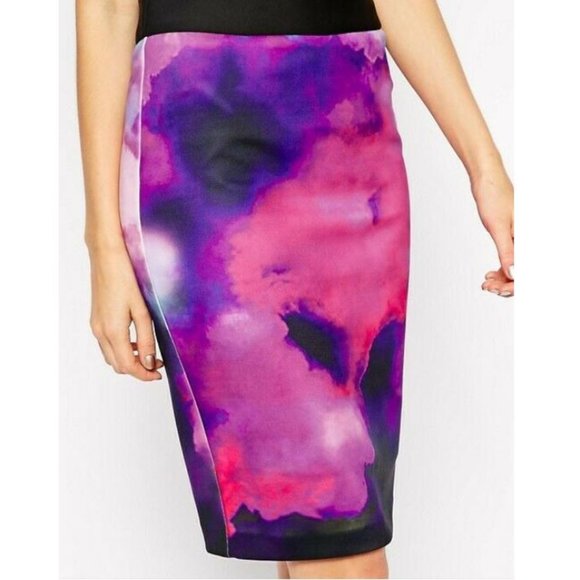 Ted Baker Vienays Summer At Dusk Pencil Skirt Neoprene Purple TED 0/ US 2 - Picture 2 of 7